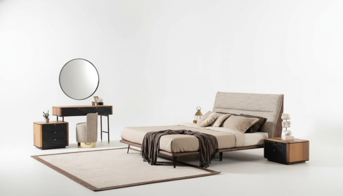 Komplettes Schlafzimmer Set Bett Schminktisch Spiegel Hocker 6tlg.