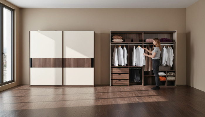Luxus Kleiderschrank mit Schwebetüren Holz Schrank Modern Stil Beige