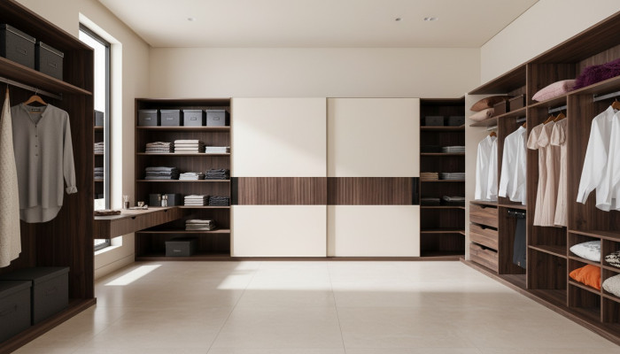 Luxus Kleiderschrank mit Schwebetüren Holz Schrank Modern Stil Beige