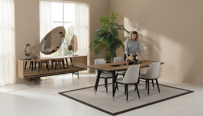 Esszimmer Set Tisch 4x Stühle Anrichte Spiegel Garnitur Design neu 7tlg