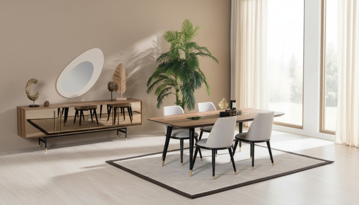 Esszimmer Set Tisch 4x Stühle Anrichte Spiegel Garnitur Design neu 7tlg