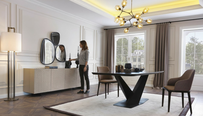 Esstisch Tisch 4x Stühle Anrichte Spiegel 7tlg Design Gruppe Garnitur