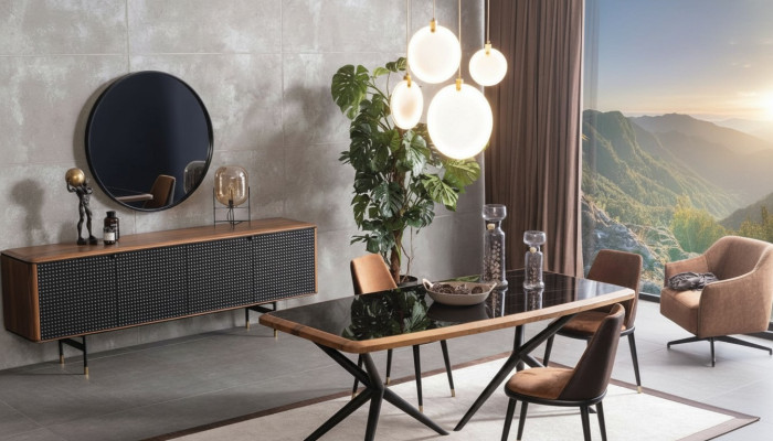 Esszimmer Set Tisch 4x Stühle Anrichte Spiegel 7tlg.Gruppe Essgarnitur