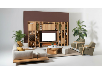 Wohnwand mit Elektro Kamin Wohnwände Ecksofa Sessel Komplett Set 5tlg
