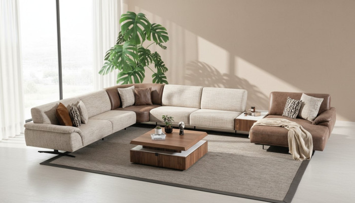 Wohnlandschaft Ecksofa Garnitur Design Moderner Couchtisch Braune 2tlg