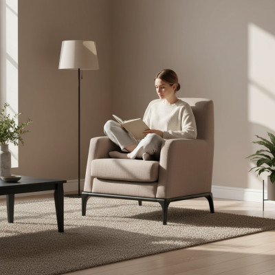 Wohnzimmer Sessel Design Couch Luxus Polster Modern Braun Holz Textil
