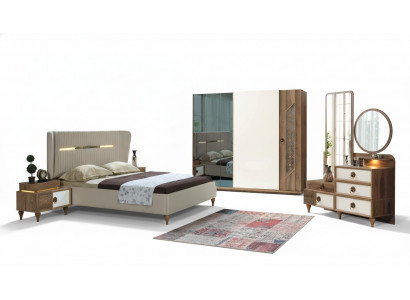 Schlafzimmer Set Bett 2x Nachttische 5tlg Design Textil Holz Kleiderschrank