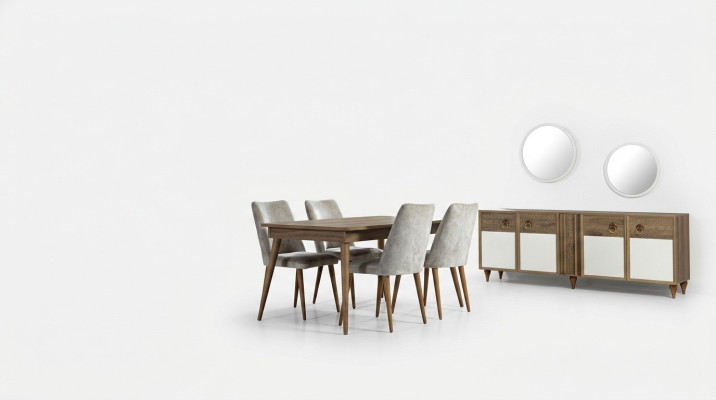 Esszimmer Set Tisch 4x Stühle Anrichte Set Garnitur Design Holz Textil