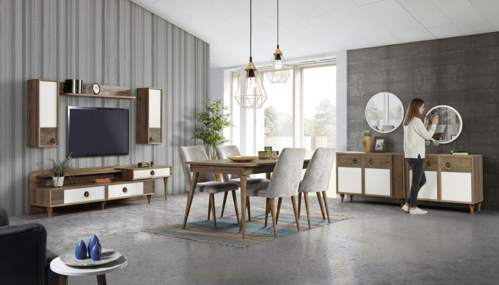 Wohnzimmer Anrichte mit Spiegel Garnitur Holz Braun Neu Modern Luxus