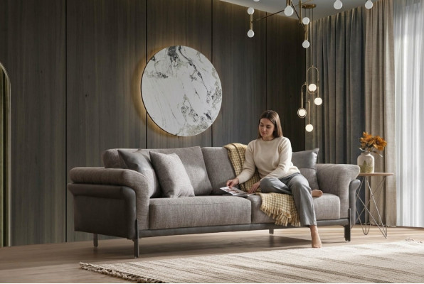 Sofa 3 Sitzer Grau Wohnzimmer Klassische Design Elegantes Stil 230cm