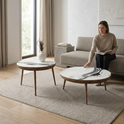 Couchtische Set 2 tlg. Tisch Wohnzimmer Möbel Rund Weiß Holz Design