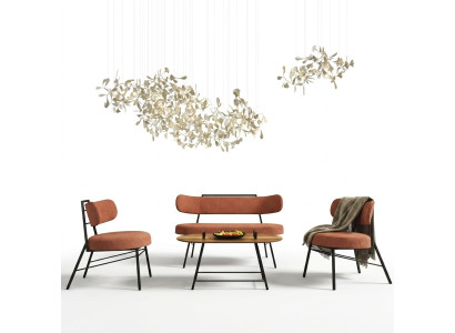 Set 4 tlg. Bank 2x Stühle Couchtisch Sitz Bank Textil Holz Designer