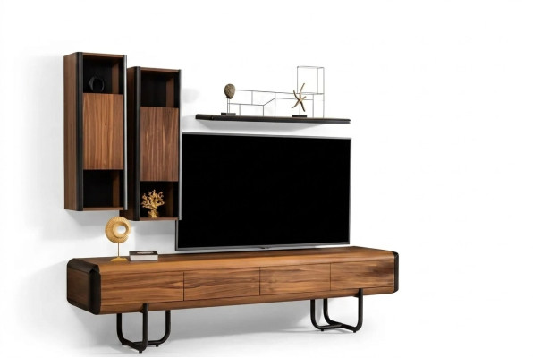 Ein wunderschöner TV-Schrank mit Wandregalen im Loft-Stil, der Ihrem Wohnzimmer ein schickes Aussehen verleih