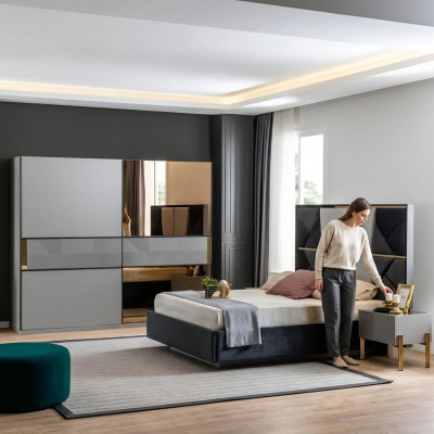 Perfektes Schlafzimmermöbel-Set in Grautönen mit goldenen Intarsien