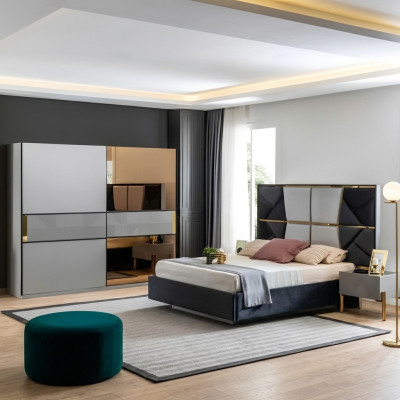 Perfektes Schlafzimmermöbel-Set in Grautönen mit goldenen Intarsien