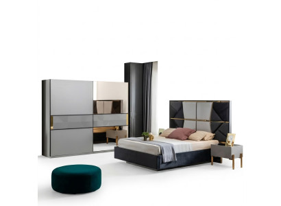 Perfektes Schlafzimmermöbel-Set in Grautönen mit goldenen Intarsien