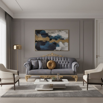 Anspruchsvolles klassisches Sofa im Chesterfield-Design für das Wohnzimmer mit goldenen Kissen