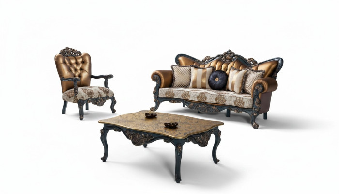 Gründerzeit Möbel Klassische Sofagarnitur Couch Chesterfield 3+1+ Tisch