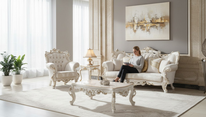 Chesterfield Sofa Polster Garnitur 3+1 Sitz Weiß Textil Dreisitzer Couchtisch