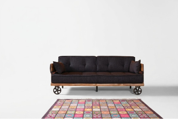 Schwarze Stoff Couch auf Rädern Loft Design mit Holz Korpus Sofa Möbel 