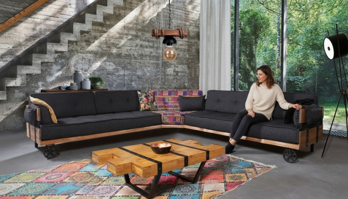 Couch Loft Polster Ecksofa Möbel auf Rädern Ecksofas Eckgarnitur Sofa 2tlg.