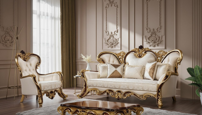 Sofagarnitur 3+1 Sitzer Gold Couchtisch Klassisch Wohnzimmer Set 3tlg.
