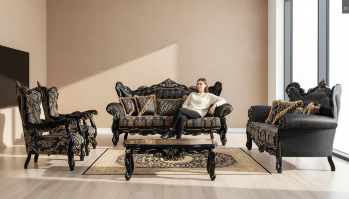 Sofa Set 3+3+1+1 Sitzer Couchtisch Wohnzimmer Luxus Schwarz Sofagarnitur Neu