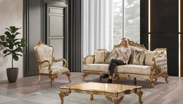 Goldene Couch Klassische Sofagarnitur Polster Möbel 3+1 Couchtisch Stoff