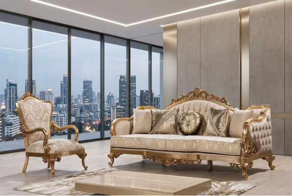 Goldene Couch Klassische Sofagarnitur Polster Möbel 3+1 Couchtisch Stoff