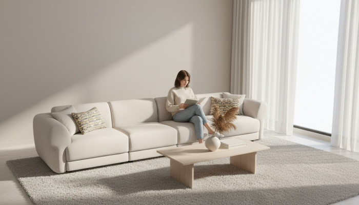 Großes beiges attraktives 6-Sitzer Sofa in schlichtem Design aus Premiummaterialien	