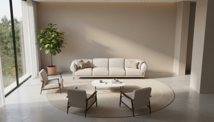 Großes beiges attraktives 6-Sitzer Sofa in schlichtem Design aus Premiummaterialien	