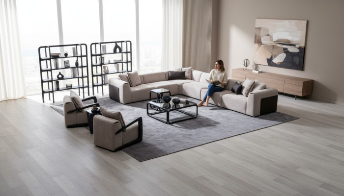 Moderne Sofagarnitur L-Form Couch mit Sessel Graue Eck Couch Textilsofa