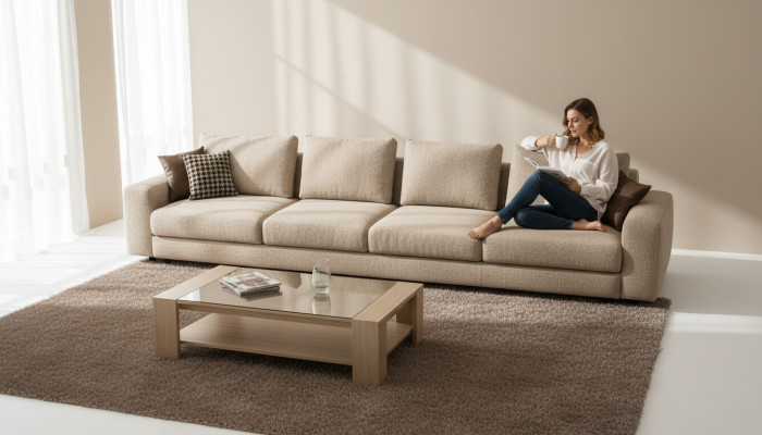 Großes Beiges Sofa Polstermöbel Sechssitzer Designer Sitzgarnitur Textil