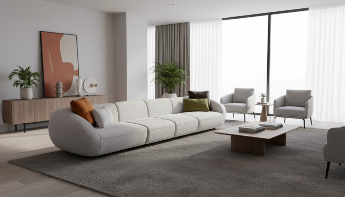 Graue Wohnlandschaft Sechssitzer Polster Textilsofa Ecklounge Modern