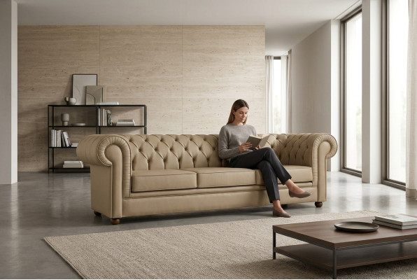 Beiger Chesterfield Dreisitzer Büromöbel Sofa Polstersofas Luxus Möbel