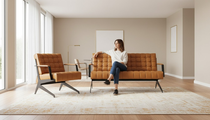 Hellbraune Arbeitszimmer Sitzgarnitur Zweisitzer Sessel Bürogarnitur 2+1