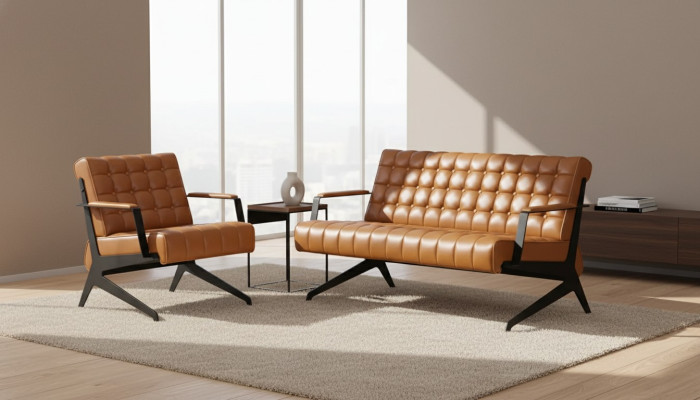 Hellbraune Arbeitszimmer Sitzgarnitur Zweisitzer Sessel Bürogarnitur 2+1