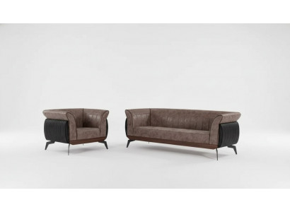 Braune Sofagarnitur Dreisitzer Sessel Arbeitszimmermöbel Couch Set 2 tlg