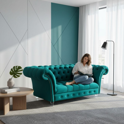 Chesterfield Luxus Sofa 2 Sitzer Textil Couch Blau Sofas Grüne Couchen