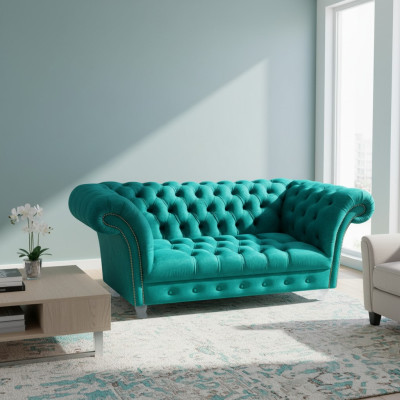 Chesterfield Luxus Sofa 2 Sitzer Textil Couch Blau Sofas Grüne Couchen
