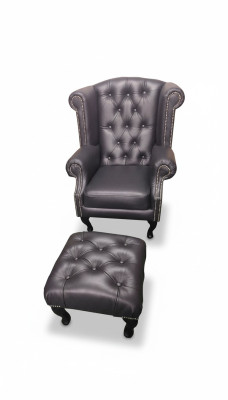 Luxus Ohrensessel und Hocker Chesterfield Sessel Leder Schwarz Modern