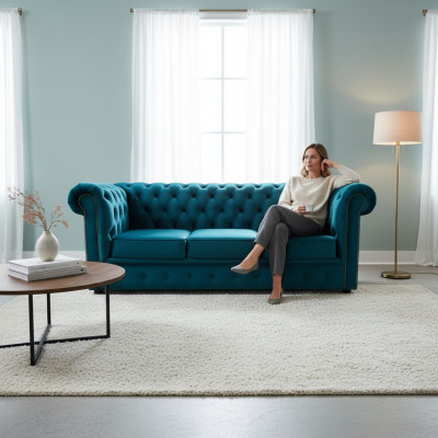 Chesterfield Sofa 3 Sitzer Textil Couchen Stoff Blau Sofas Modern