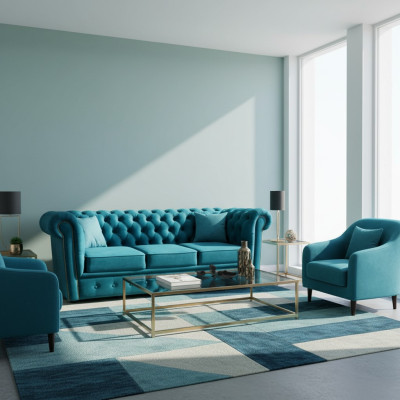 Chesterfield Sofa 3 Sitzer Textil Couchen Stoff Blau Sofas Modern