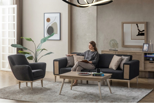 Grauer Wohnzimmer Set Luxus Dreisitzer Polster Sessel Stil Textil Möbel