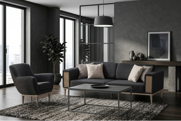 Grauer Wohnzimmer Set Luxus Dreisitzer Polster Sessel Stil Textil Möbel
