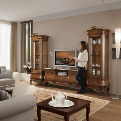 Klassische Wohnzimmerwand RTV 2x Vitrinen Massivholz Möbel TV-Regal Neu