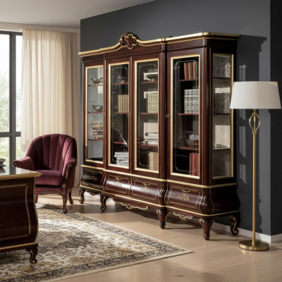 Klassisches Braunes Bücherregal Schubladen Glastüren Massivholz Möbel