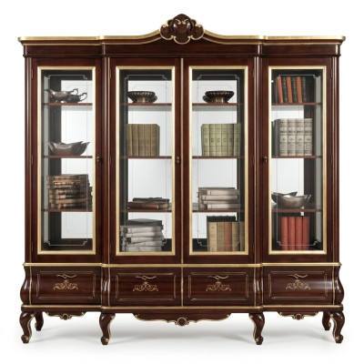 Klassisches Braunes Bücherregal Schubladen Glastüren Massivholz Möbel