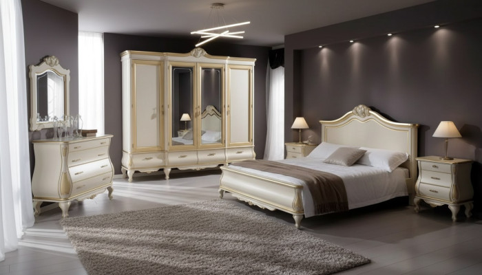 Schlafzimmer Set Bett 2x Nachttische Schrank Kleiderschrank Kommode Spiegel