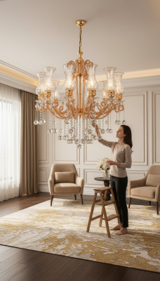 Luxus Deckenleuchter Lüster Kronleuchter Deckenlampe Kristall Gold